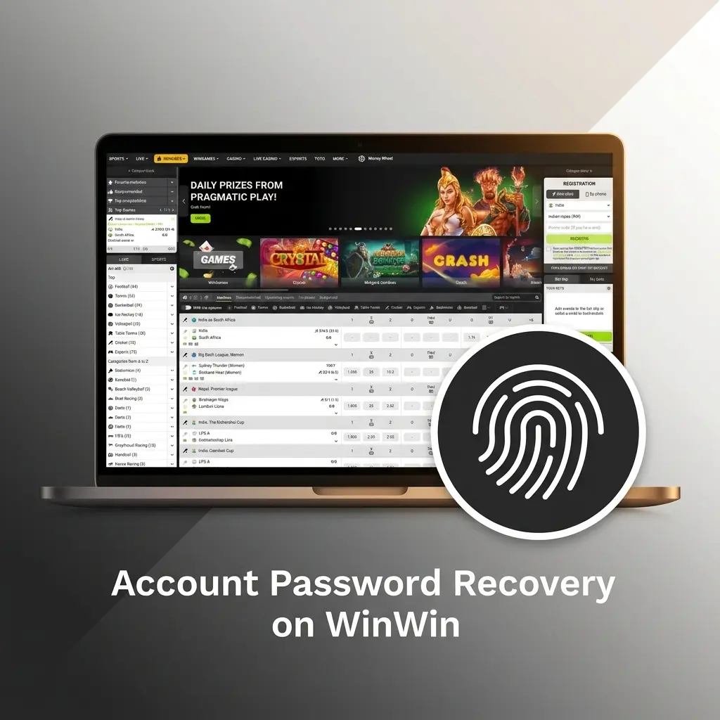 WinWin account password recovery steps showing forgot password link, reset method selection, and new password setup