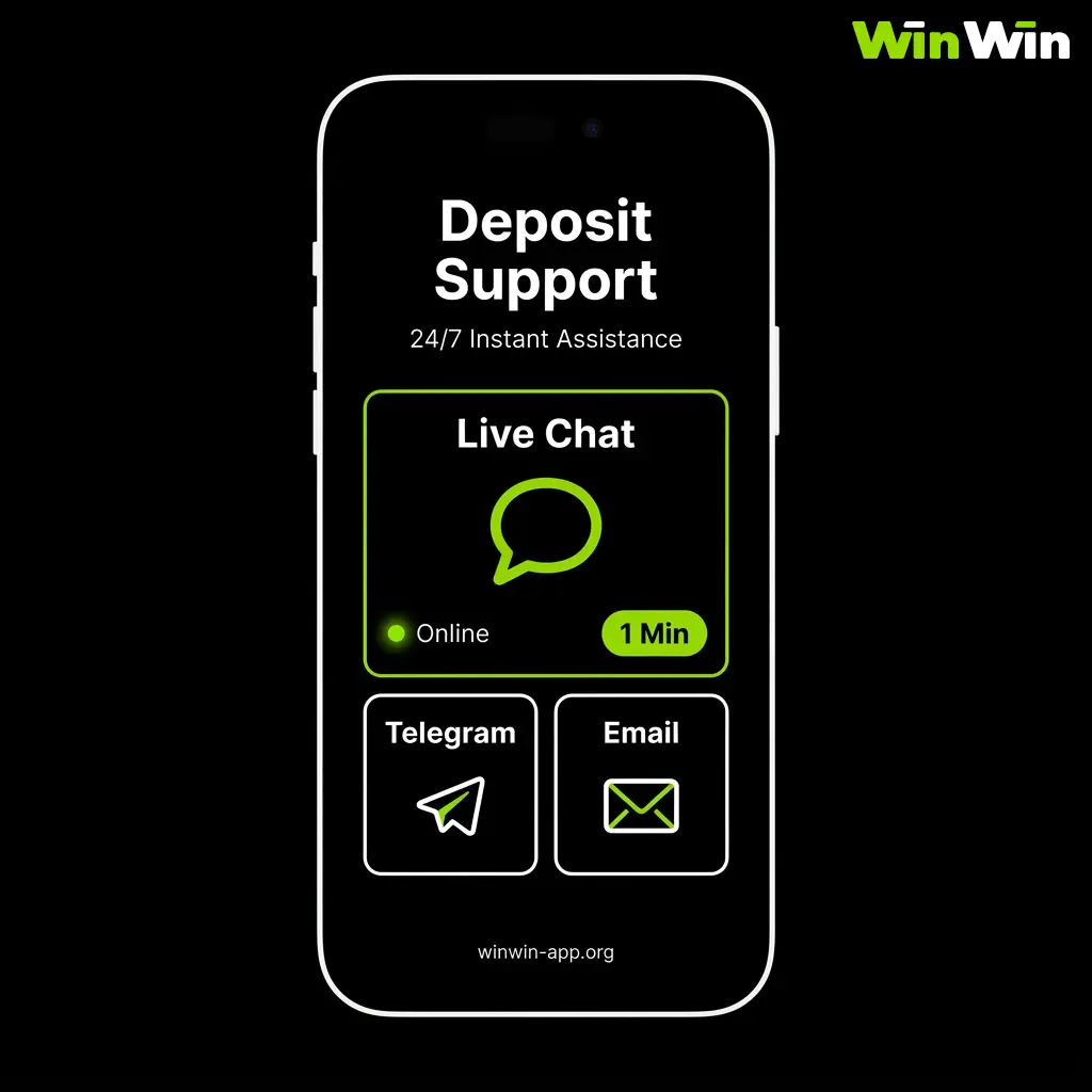 WinWin Bangladesh customer support contact options for deposit assistance via Live Chat, Email, and Telegram.