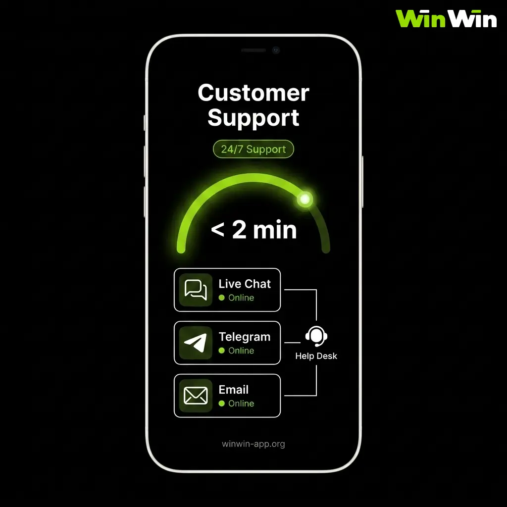 WinWin 24/7 customer support channels: Live Chat, Email, and Telegram for withdrawal issues in Bangladesh.
