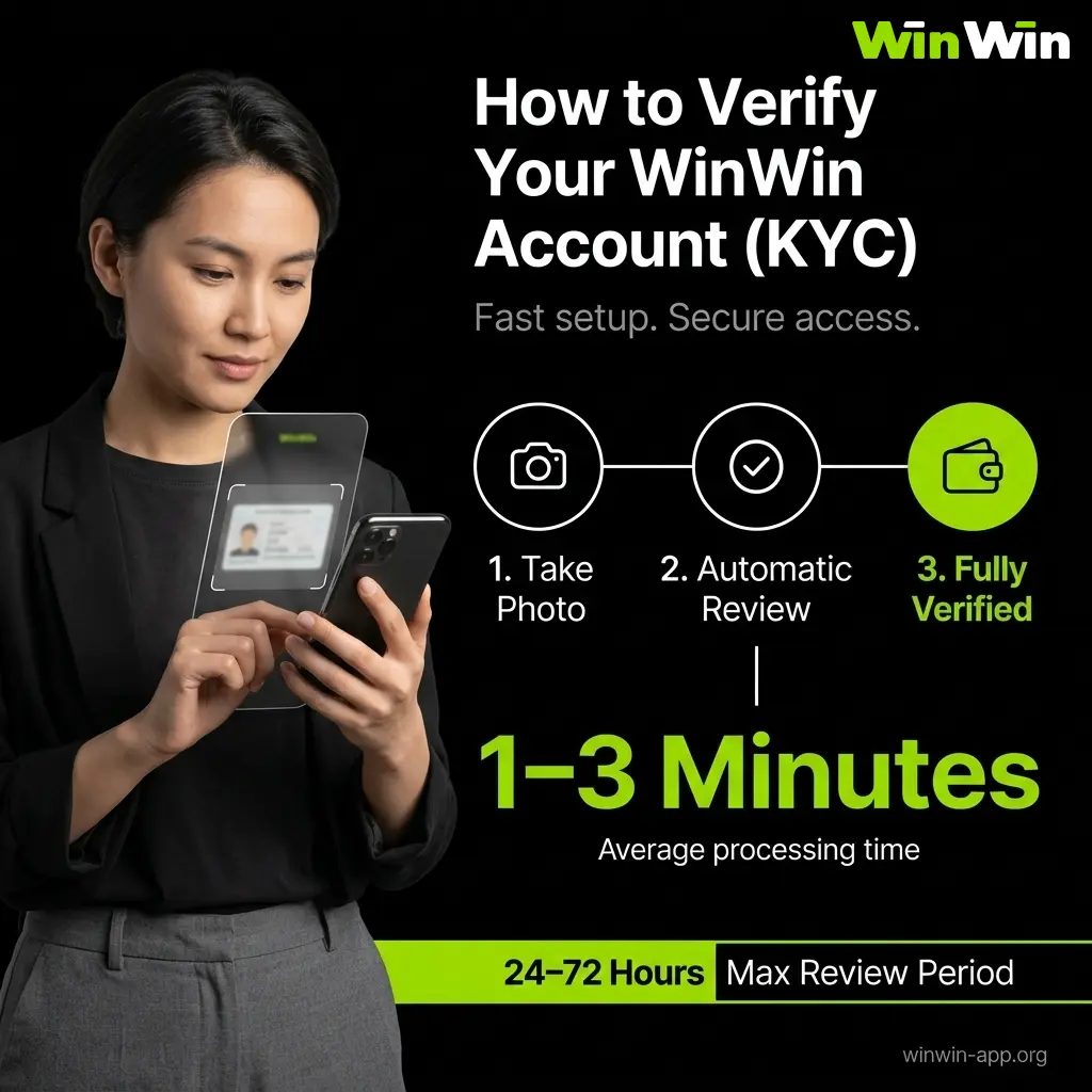 WinWin account KYC identity verification process using phone camera, completed in 1–3 minutes, reviewed within 24–72 hours.