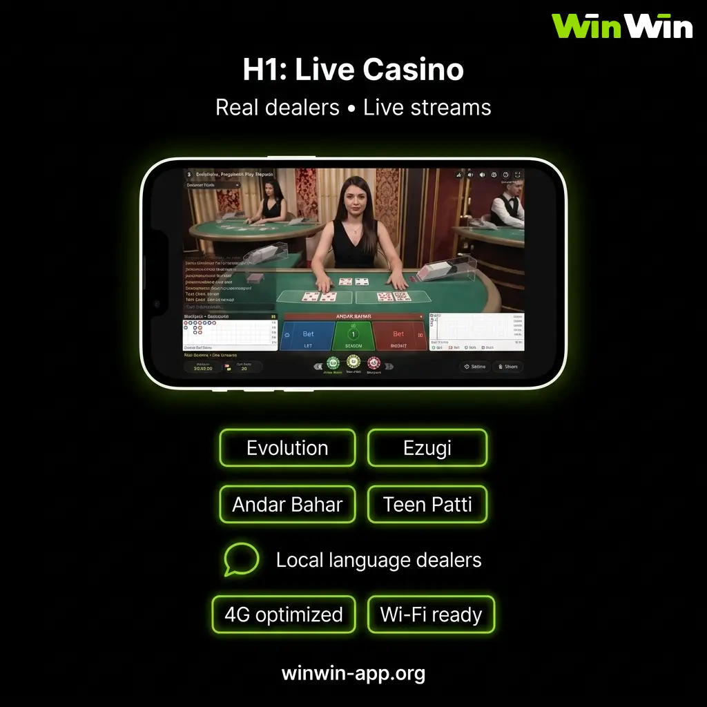 WinWin live casino for Bangladesh players - Evolution and Ezugi professional studios with dedicated Andar Bahar and Teen Patti tables.