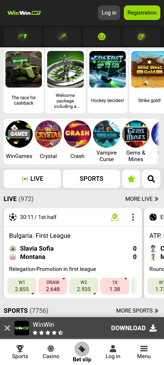 Open the WinWin App home screen to explore all features.