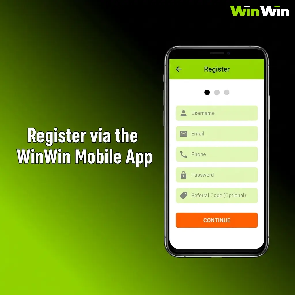 WinWin mobile app registration steps on Android and iOS for new account sign-up with BDT currency selection