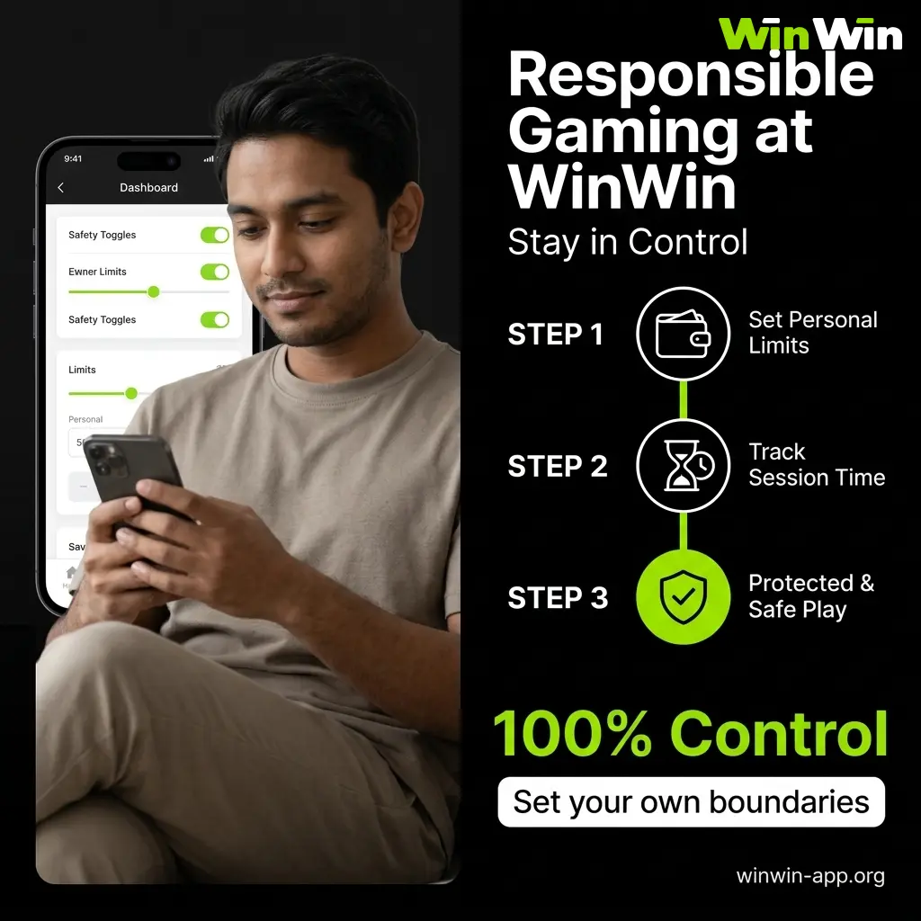 WinWin responsible gambling tools including deposit limits, self-exclusion, game breaks, and session timers for safer casino play.