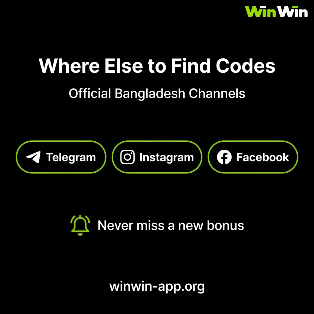 WinWin promo codes Bangladesh via Telegram, Instagram, Facebook — weekly giveaways, cricket & football events, monthly bonuses.