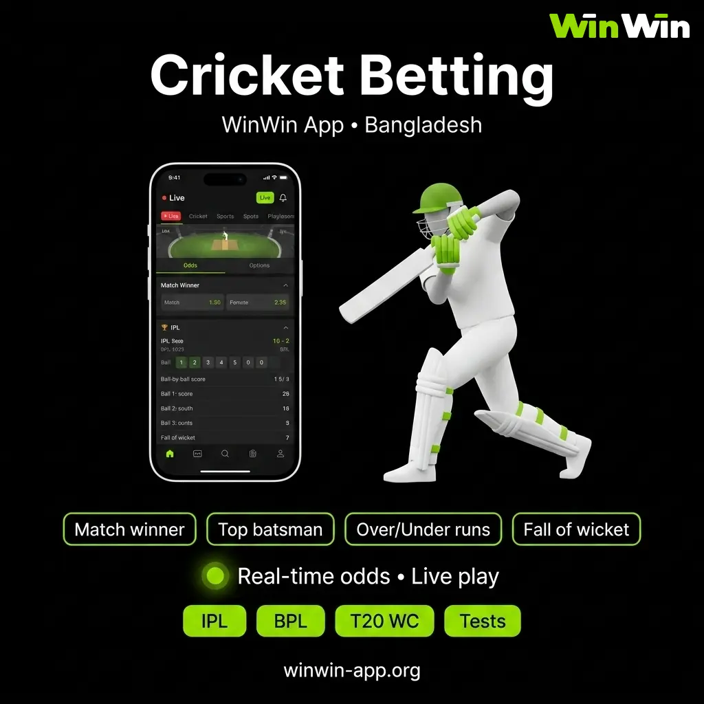 Most bet-on sport in Bangladesh on WinWin cricket markets - match winner, top batsman, over under runs per over, fall of next wicket, session totals.