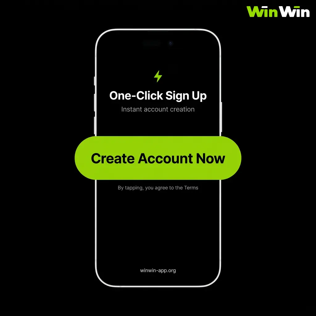 WinWin one-click registration screen showing instant account creation steps in Bangladesh with BDT currency selection.