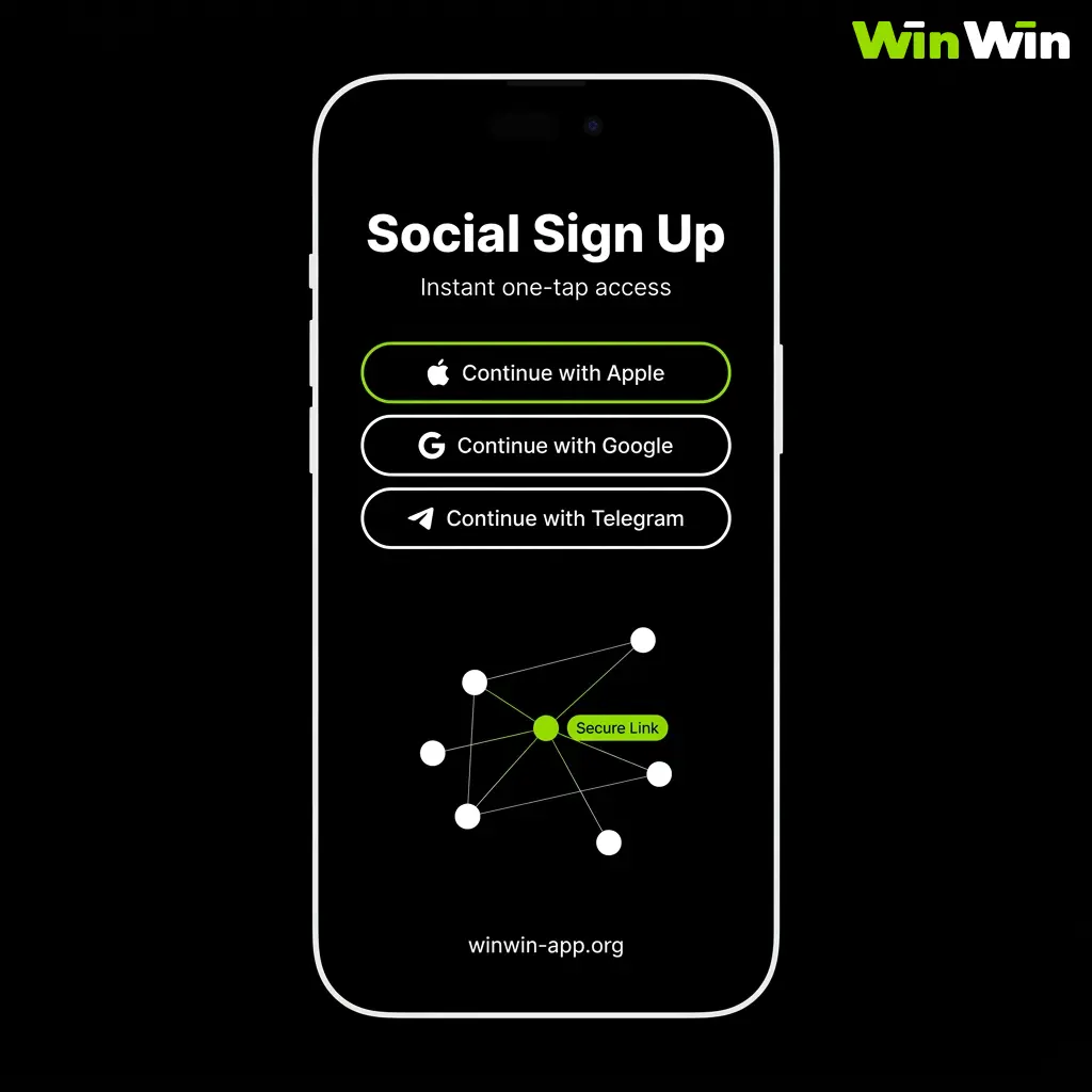 WinWin social media registration steps using Facebook or Google account in Bangladesh with BDT currency selection.