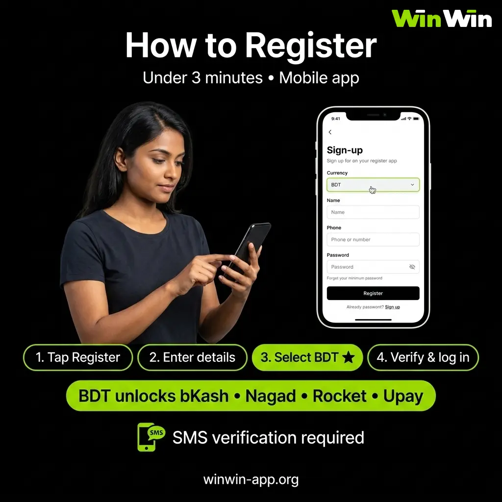 Open WinWin app or PWA tap Register on homepage - fill name valid phone number or email date of birth and secure password.