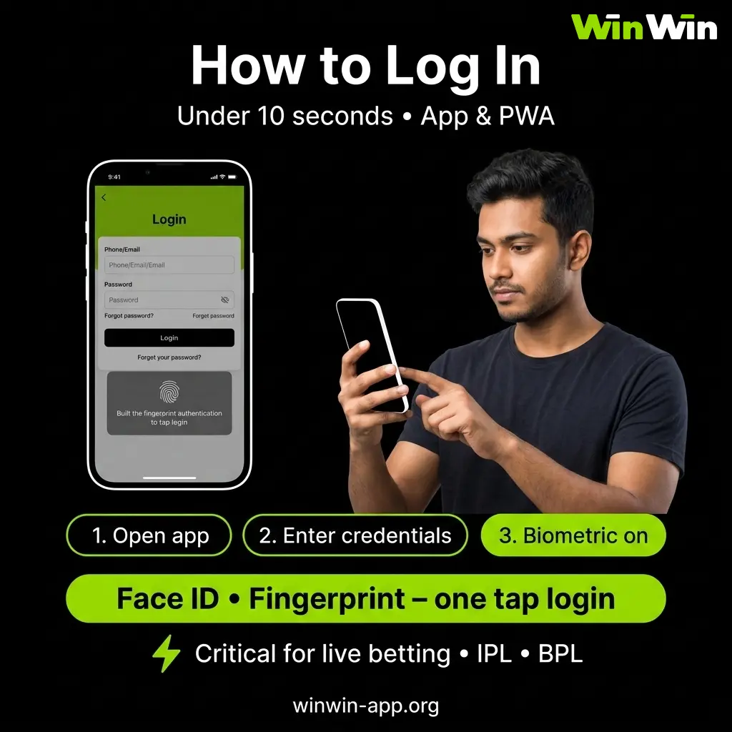 WinWin login via mobile app under 10 seconds - enable biometric login after first sign-in for live IPL and BPL betting.